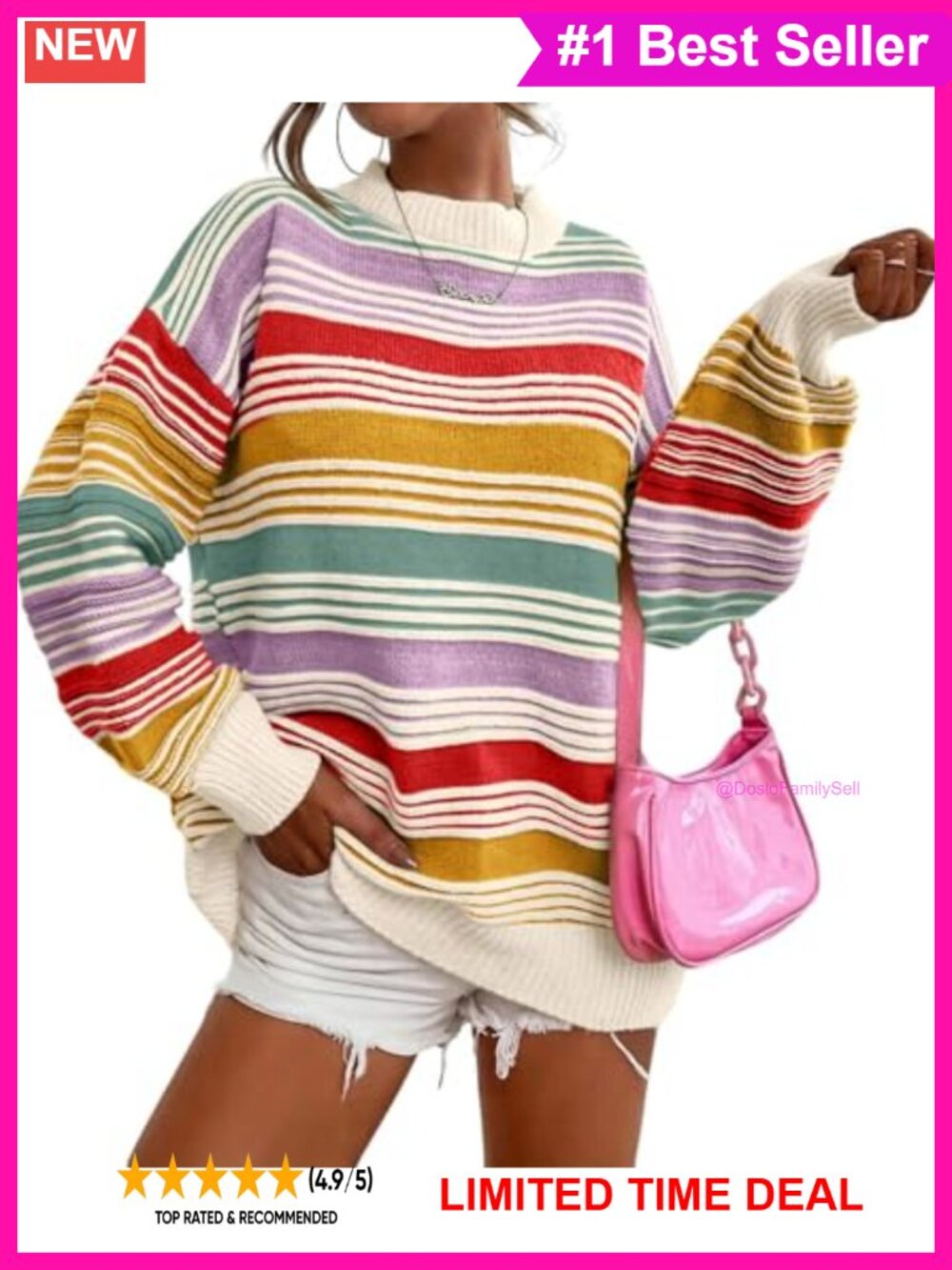 Oversized Color Block Striped Knit Tunic Sweater Lantern Sleeve Crew Neck